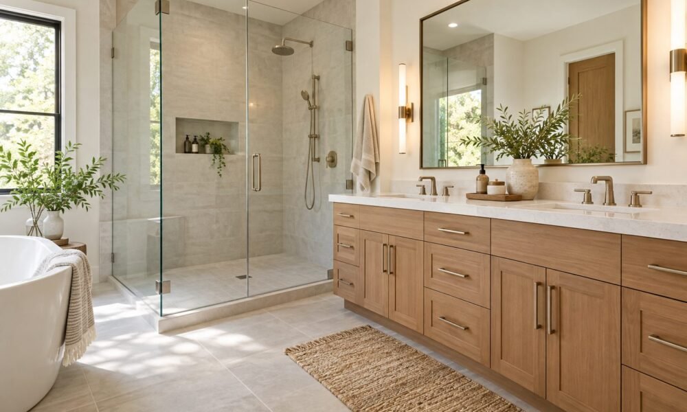Modern bathroom with a glass walk-in shower and wooden double vanity