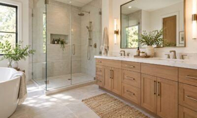 Modern bathroom with a glass walk-in shower and wooden double vanity