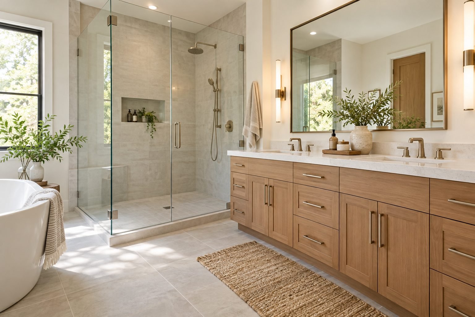 Modern bathroom with a glass walk-in shower and wooden double vanity