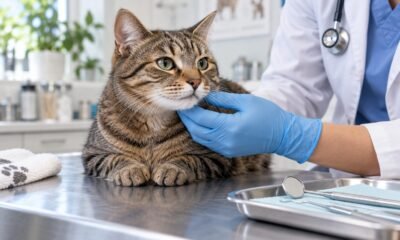 Tabby cat receiving a gentle veterinary examination beside dental tools