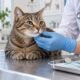Tabby cat receiving a gentle veterinary examination beside dental tools