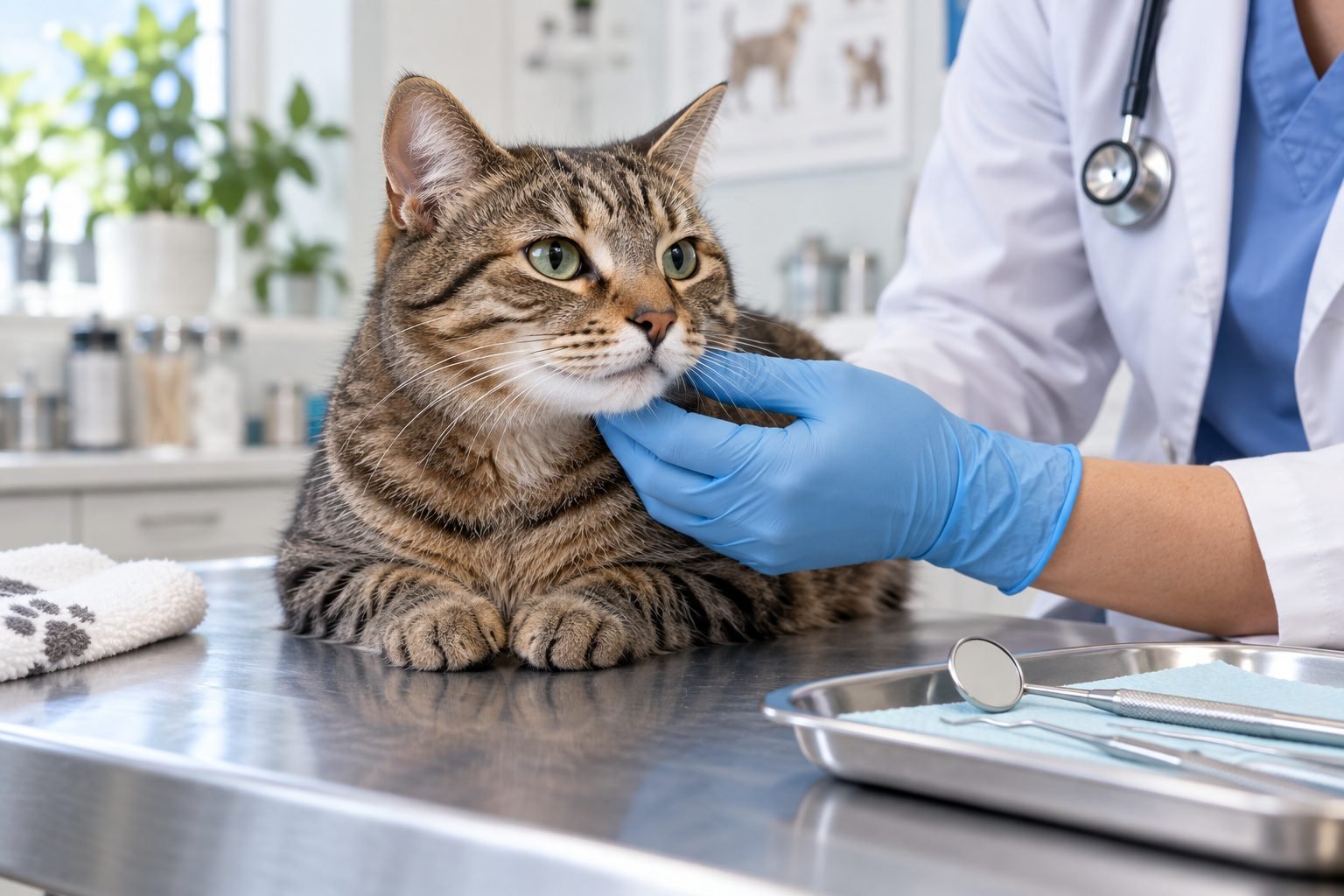 Tabby cat receiving a gentle veterinary examination beside dental tools