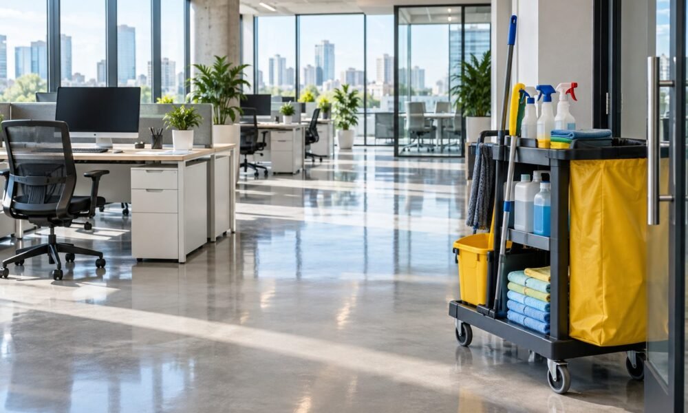 Clean office desks and polished floors beside a janitorial trolley
