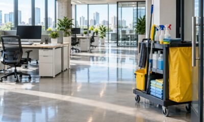 Clean office desks and polished floors beside a janitorial trolley