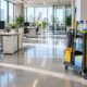 Clean office desks and polished floors beside a janitorial trolley