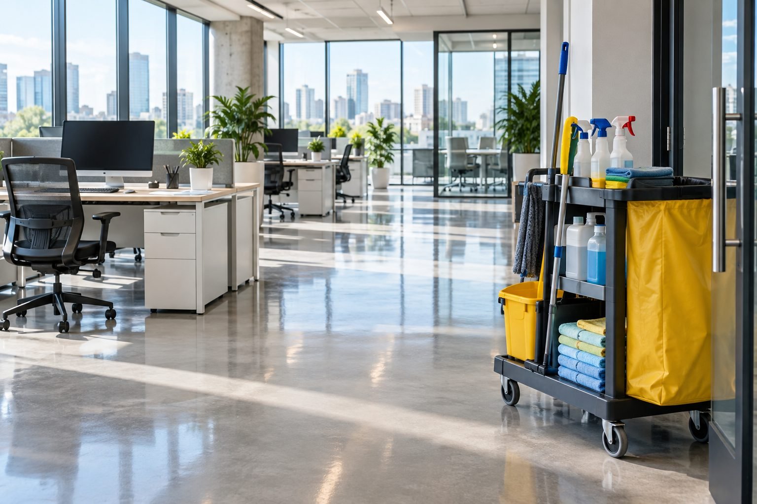 Clean office desks and polished floors beside a janitorial trolley