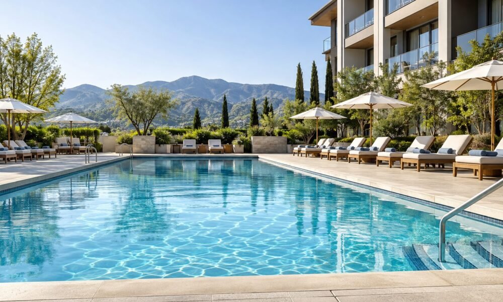 Clean hotel swimming pool with organized deck chairs and landscaping