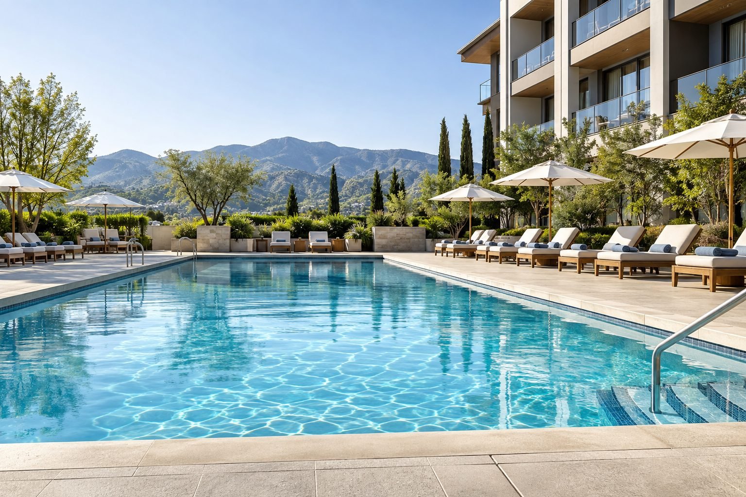 Clean hotel swimming pool with organized deck chairs and landscaping