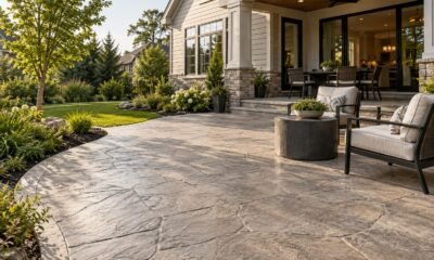 Stamped decorative concrete patio with outdoor seating and garden beds
