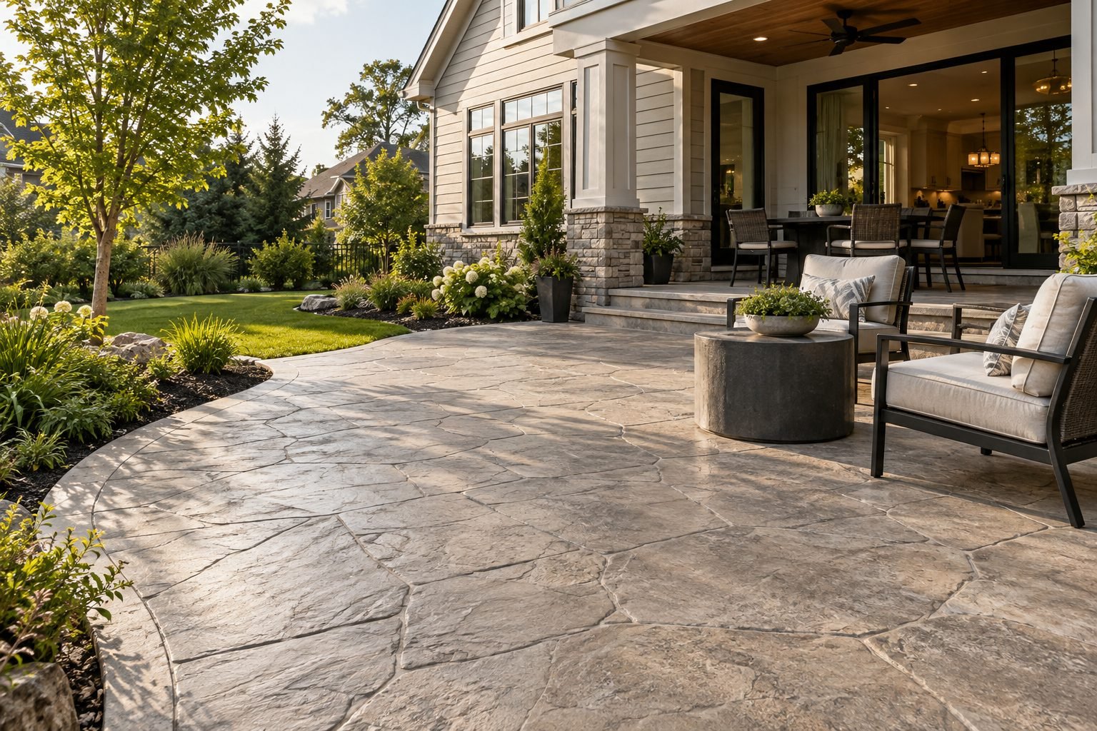 Stamped decorative concrete patio with outdoor seating and garden beds