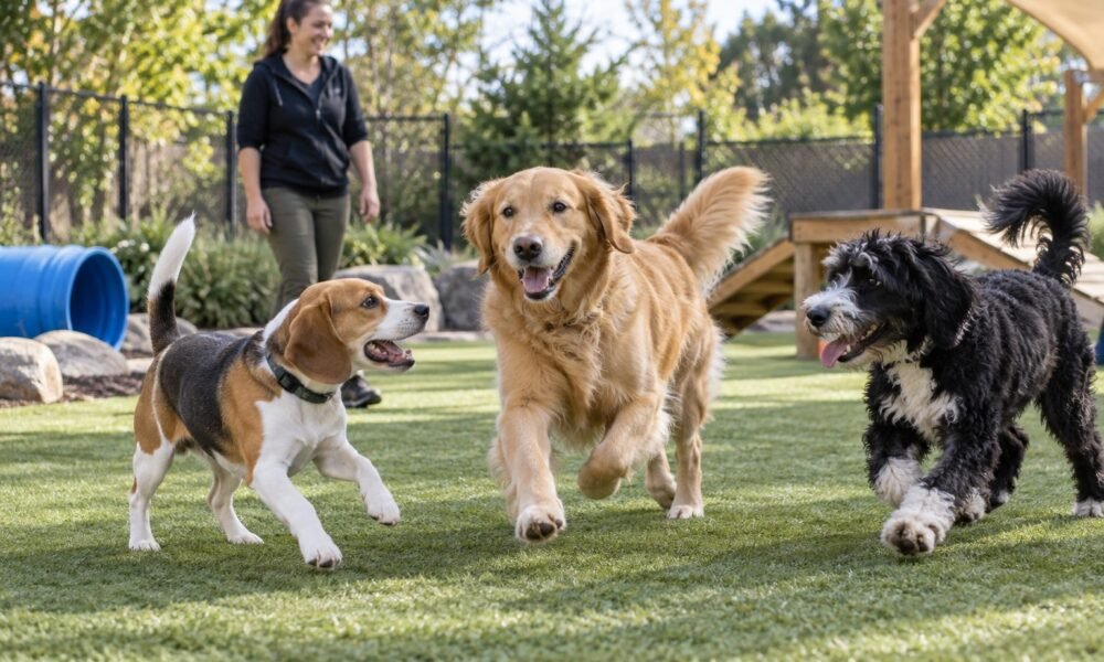 Dogs playing together in a supervised outdoor daycare yard