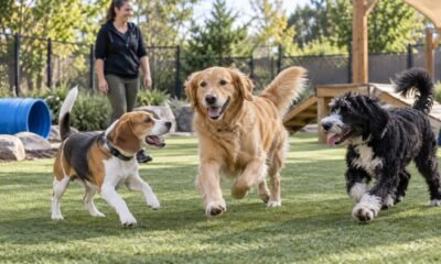 Dogs playing together in a supervised outdoor daycare yard