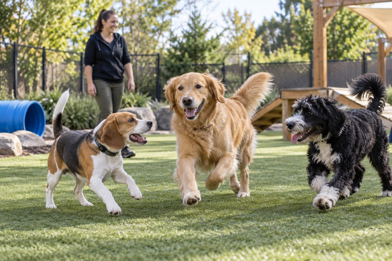 Dogs playing together in a supervised outdoor daycare yard
