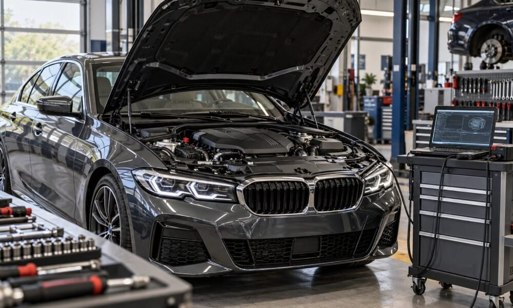 European sedan with its hood open beside diagnostic equipment in a workshop
