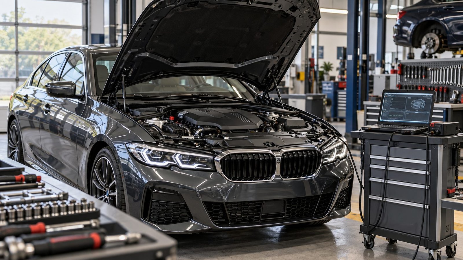 European sedan with its hood open beside diagnostic equipment in a workshop