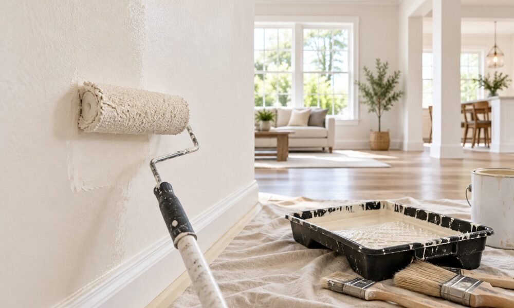 Paint roller applying fresh paint to an interior wall beside painting supplies