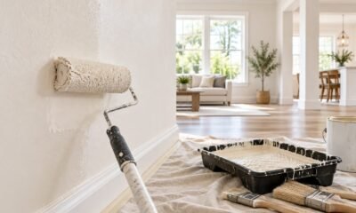 Paint roller applying fresh paint to an interior wall beside painting supplies