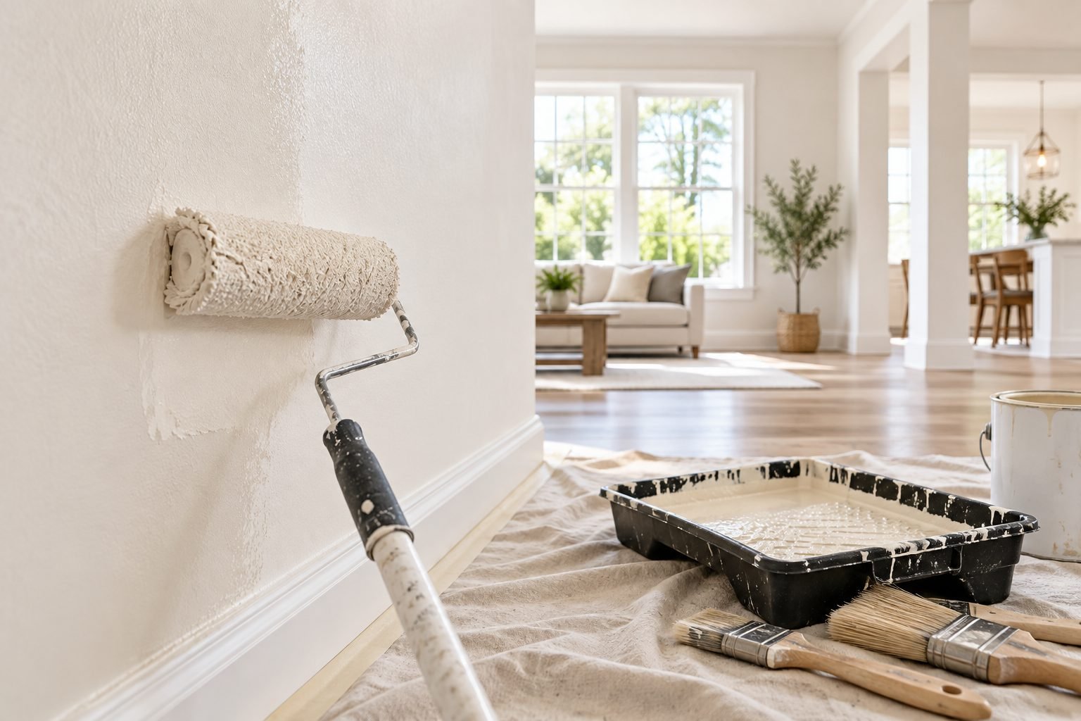 Paint roller applying fresh paint to an interior wall beside painting supplies