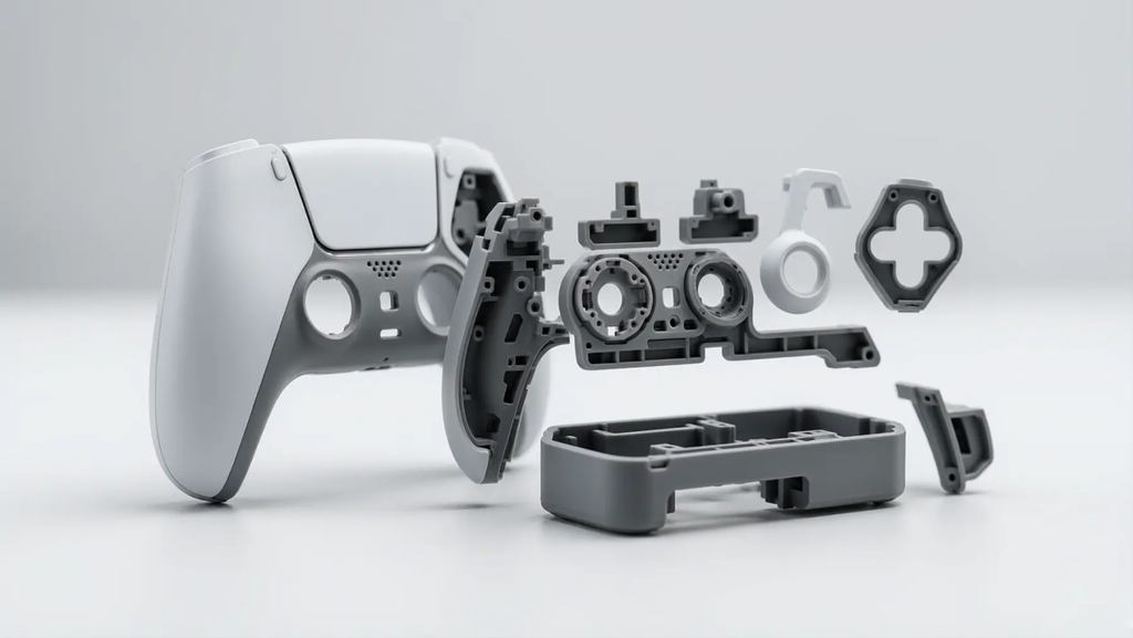Exploded view of precision injection molded plastic housing and internal structural components for a gaming controller.