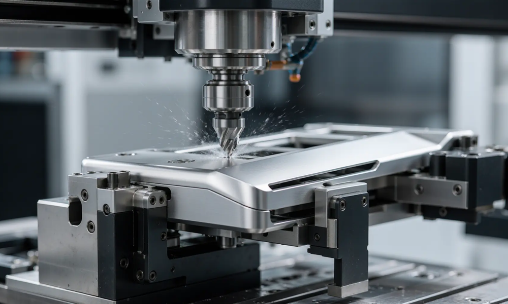 5-axis CNC milling machine fabricating a custom metal chassis for next-gen gaming hardware with coolant mist.