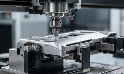 5-axis CNC milling machine fabricating a custom metal chassis for next-gen gaming hardware with coolant mist.
