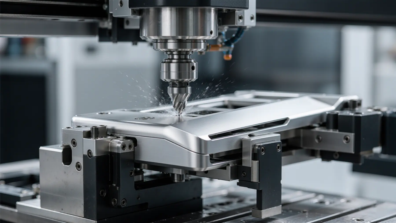 5-axis CNC milling machine fabricating a custom metal chassis for next-gen gaming hardware with coolant mist.