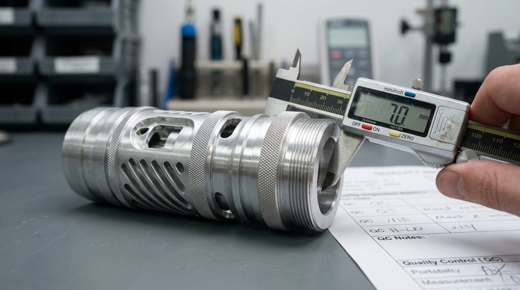 Measuring a CNC machined component with a caliper to check dimensions and assembly fit