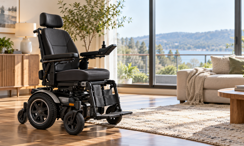 Motorized wheelchair with joystick controls in a bright living room