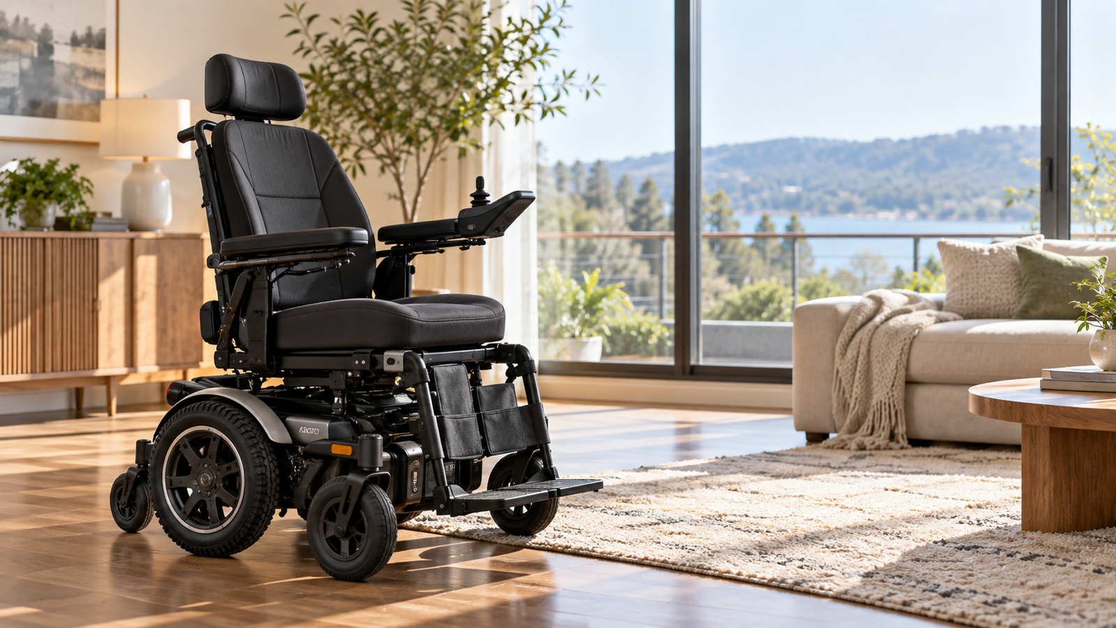 Motorized wheelchair with joystick controls in a bright living room