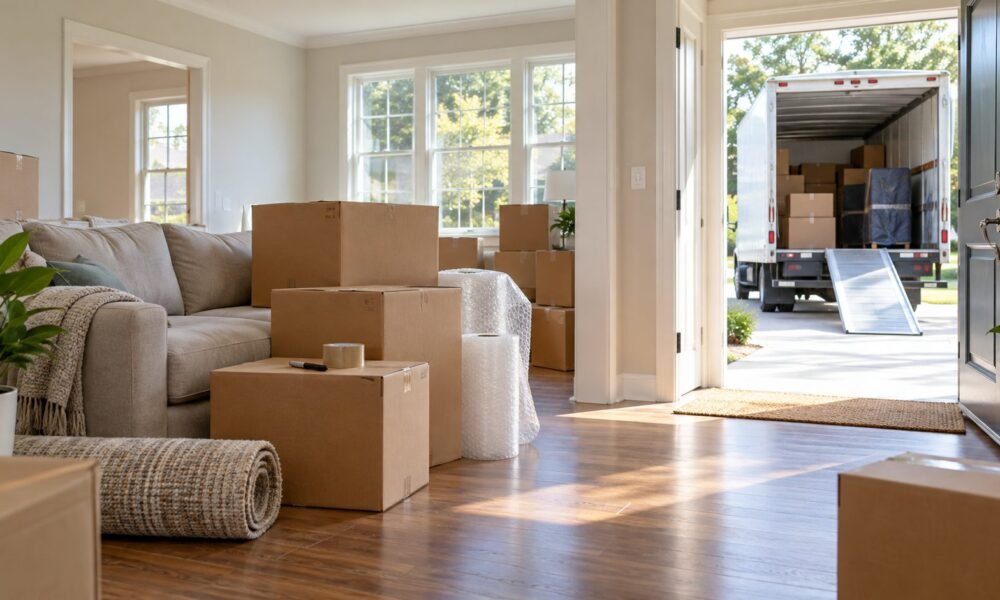 Packed moving boxes and a moving truck outside a home