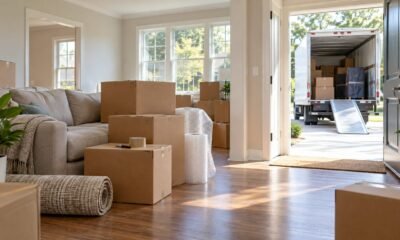 Packed moving boxes and a moving truck outside a home