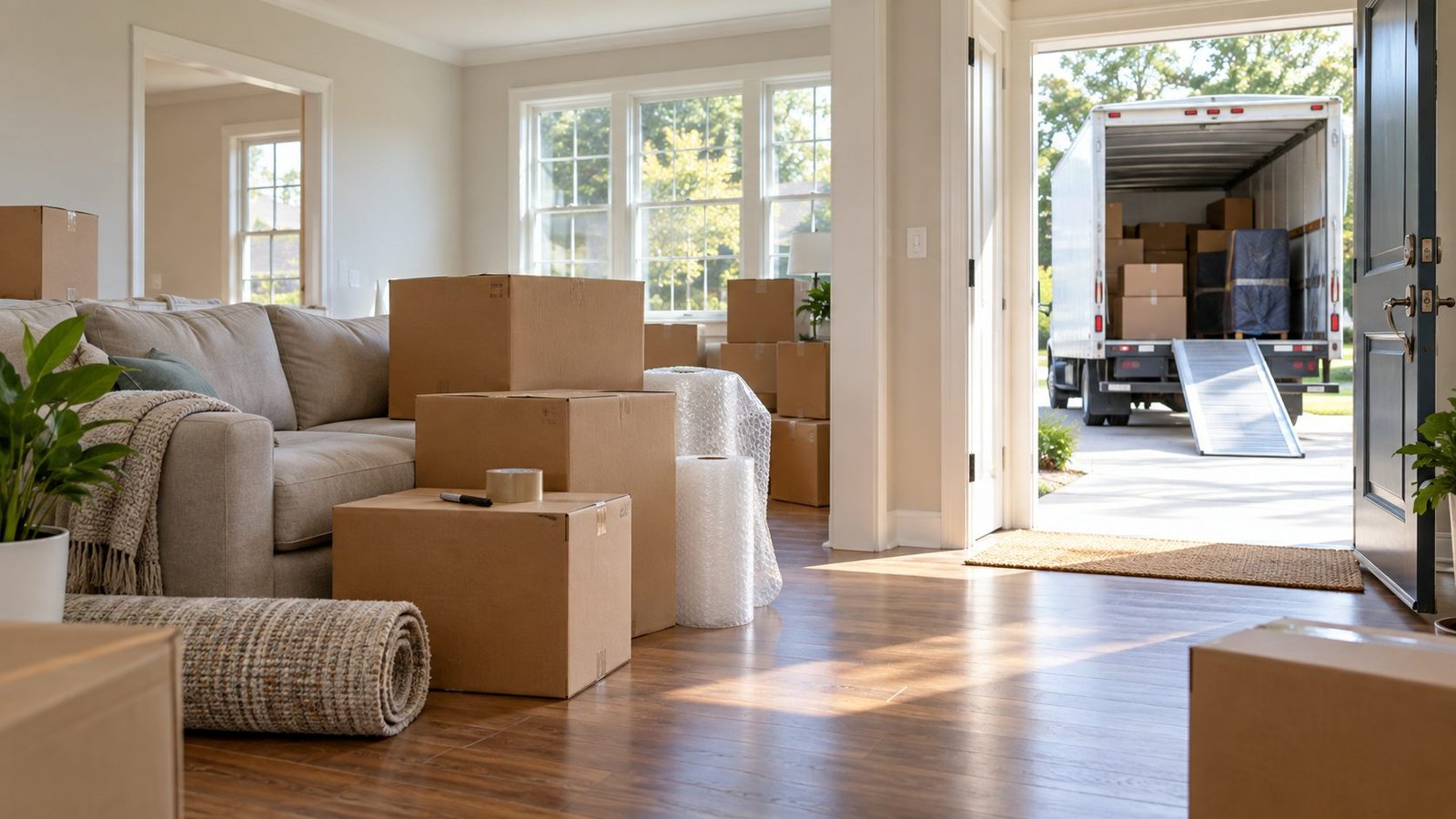 Packed moving boxes and a moving truck outside a home