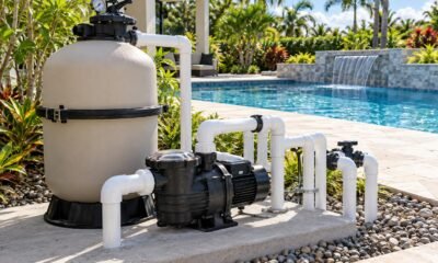 Pool pump and filtration equipment beside a residential swimming pool