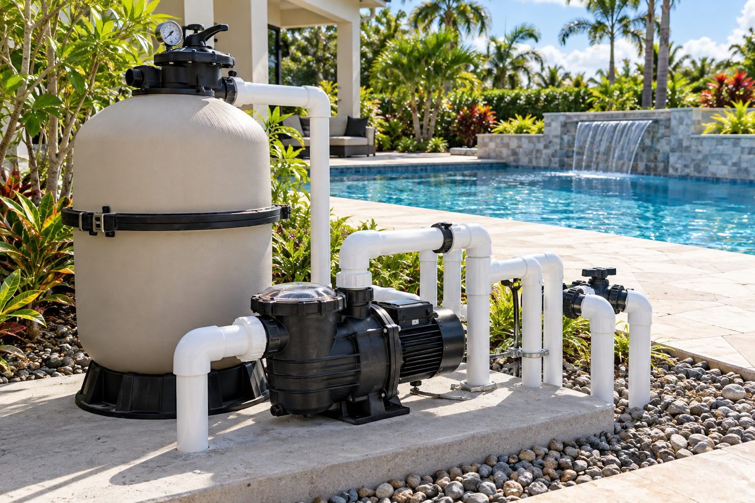 Pool pump and filtration equipment beside a residential swimming pool