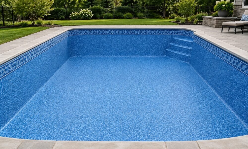 Empty backyard swimming pool with a smooth new blue vinyl liner