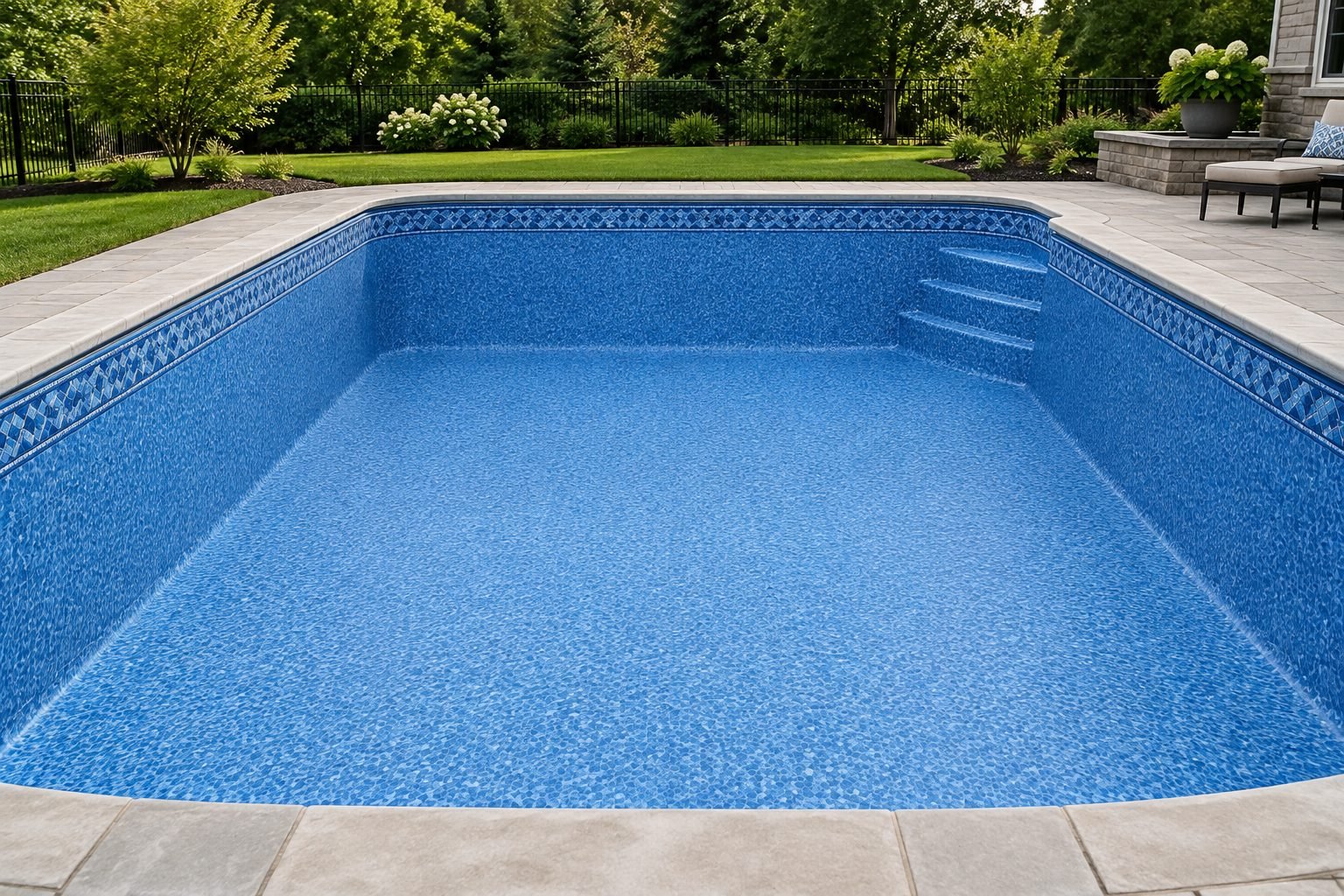 Empty backyard swimming pool with a smooth new blue vinyl liner
