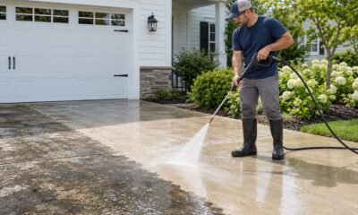 Professional pressure washing a residential concrete driveway
