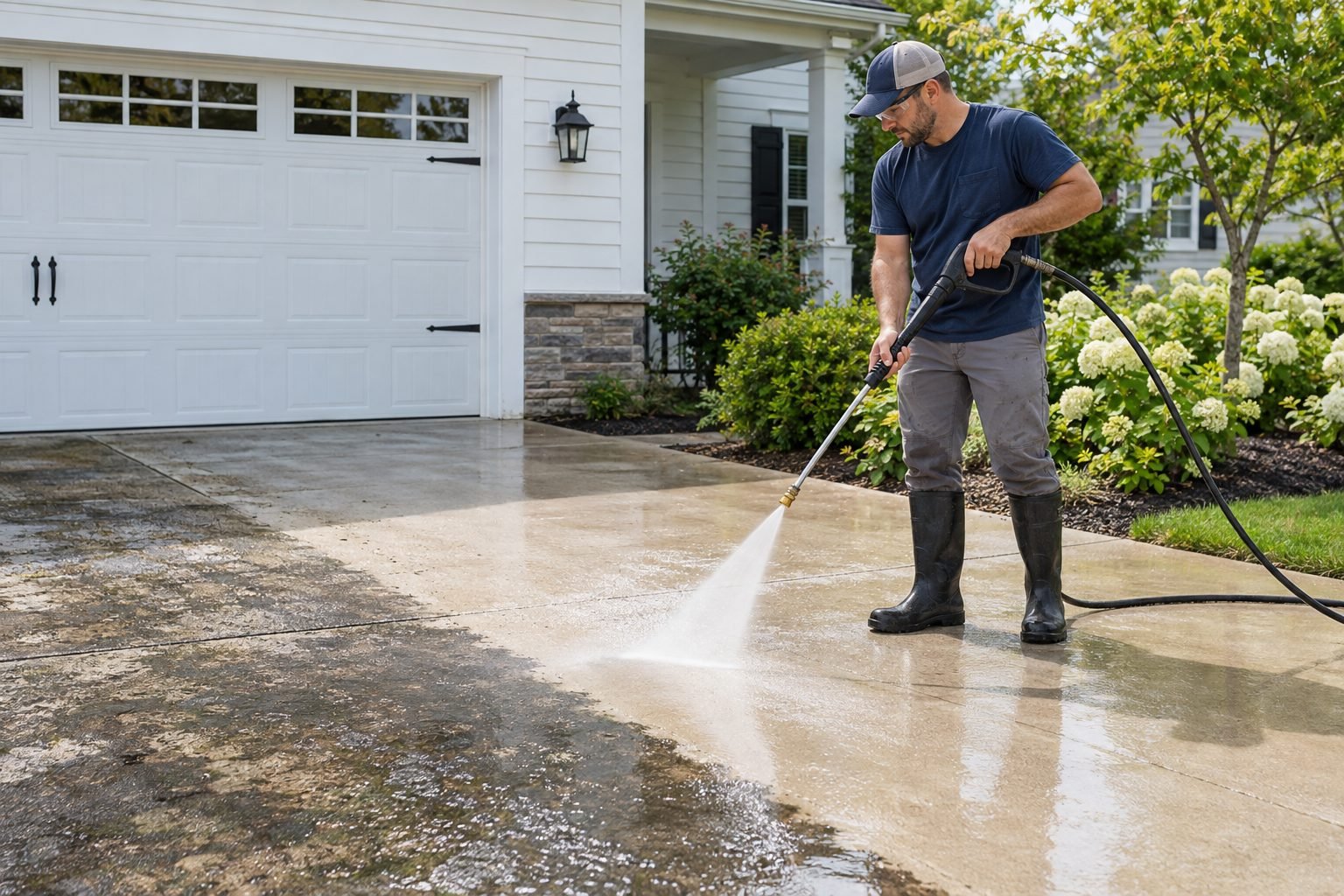 Professional pressure washing a residential concrete driveway