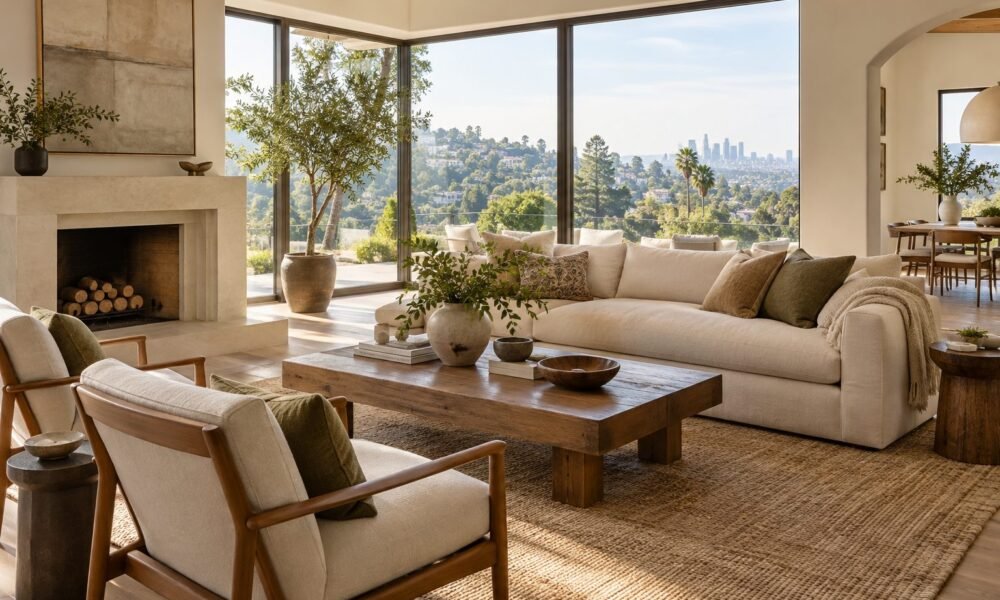Staged living room with a cream sofa, accent chairs, and wooden coffee table
