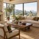 Staged living room with a cream sofa, accent chairs, and wooden coffee table