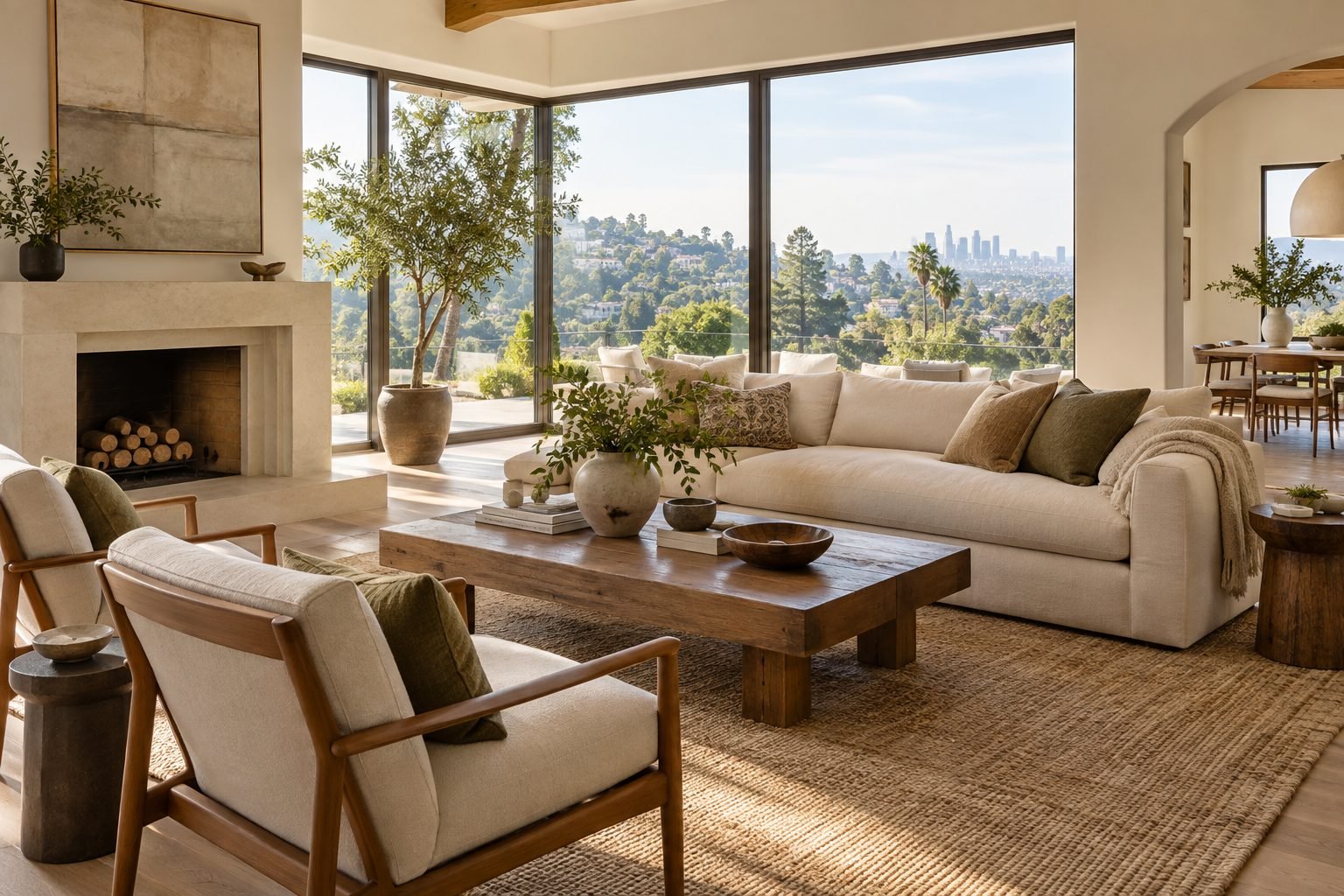 Staged living room with a cream sofa, accent chairs, and wooden coffee table