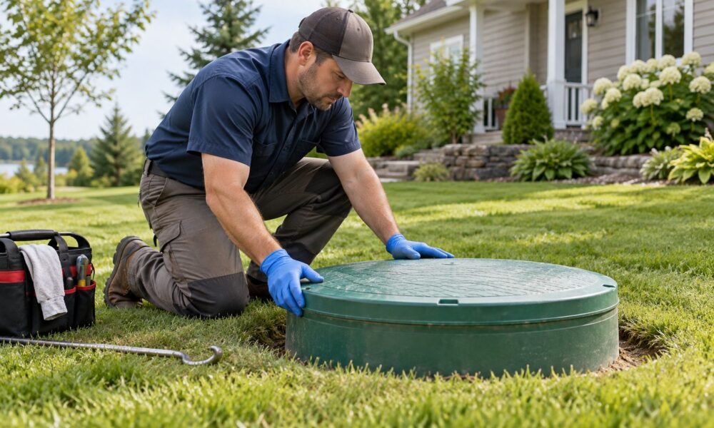 Septic maintenance technician inspecting a lawn access cover