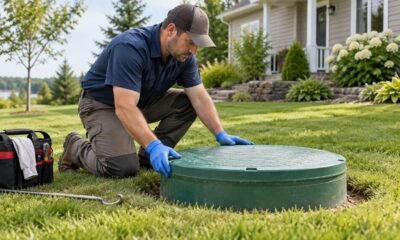 Septic maintenance technician inspecting a lawn access cover