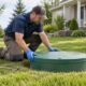 Septic maintenance technician inspecting a lawn access cover
