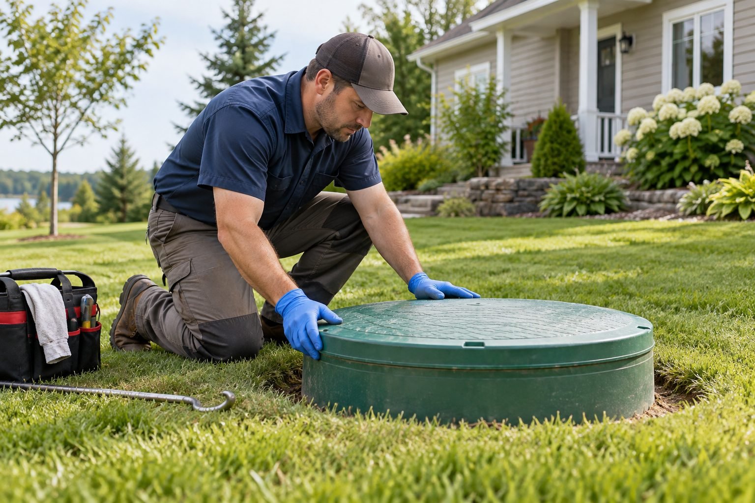 Septic maintenance technician inspecting a lawn access cover