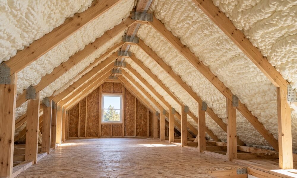 Residential attic with spray foam insulation between timber rafters