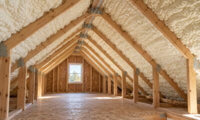 Residential attic with spray foam insulation between timber rafters