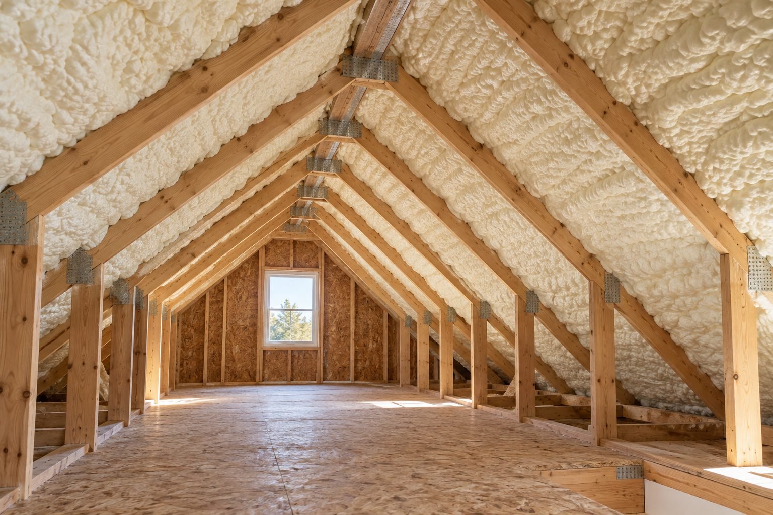 Residential attic with spray foam insulation between timber rafters