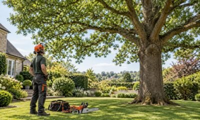 Arborist inspecting a mature oak tree in a residential garden
