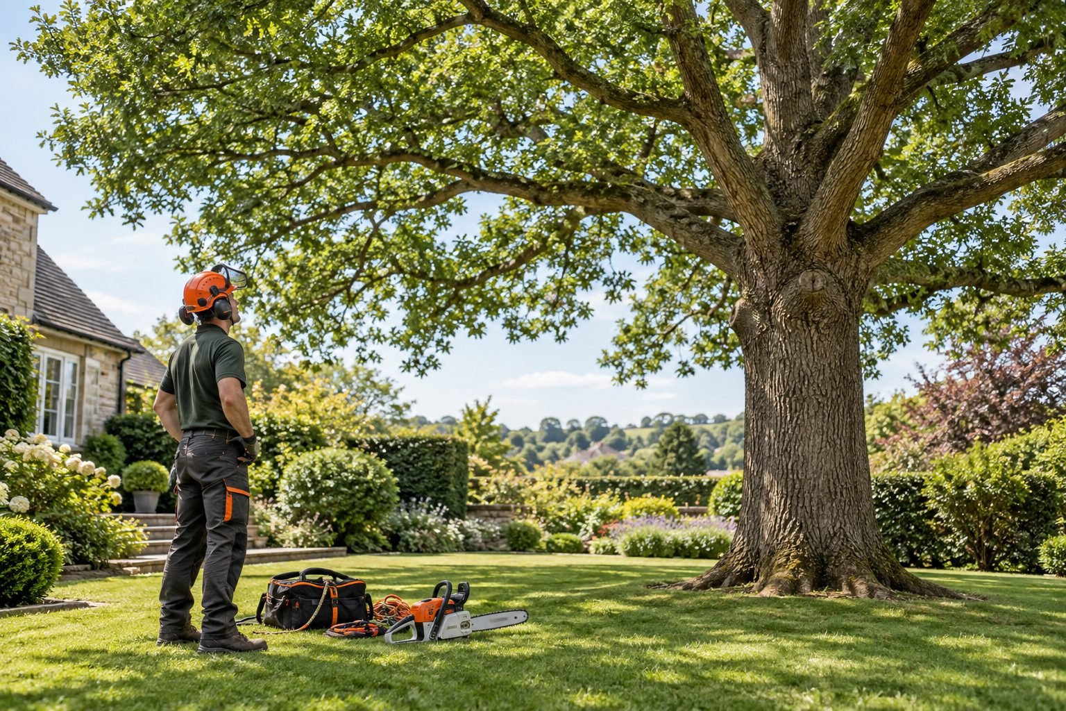 Arborist inspecting a mature oak tree in a residential garden